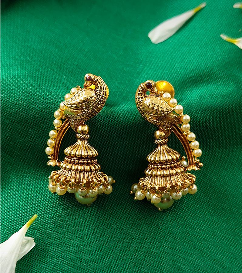Adorable Gold-Pearl Jhumkas with Peacock Design