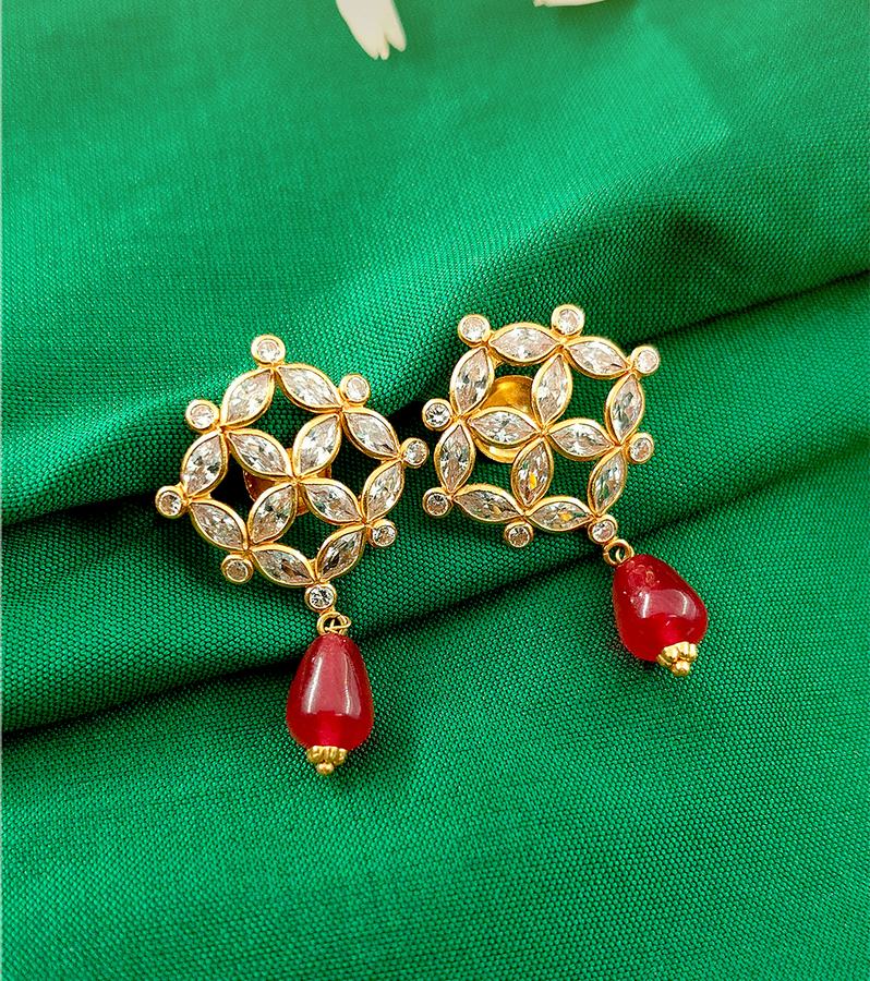 Gold Earrings with Diamonds & Red Beads