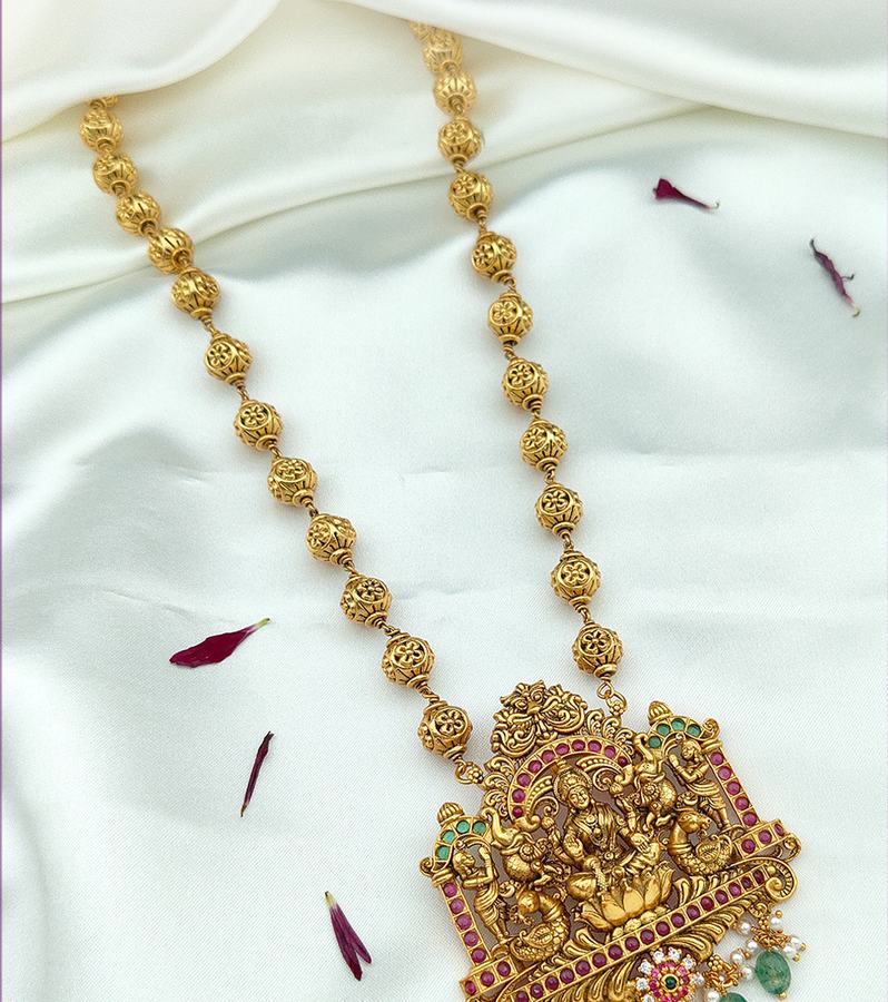 Ornate Long Beaded Necklace with Gaja-Lakshmi Pendant