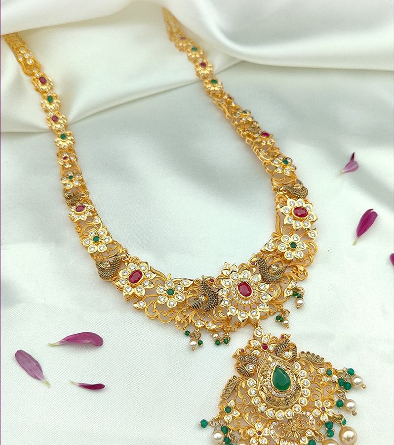 Ornate Long Necklace with Peacock-Floral Motifs