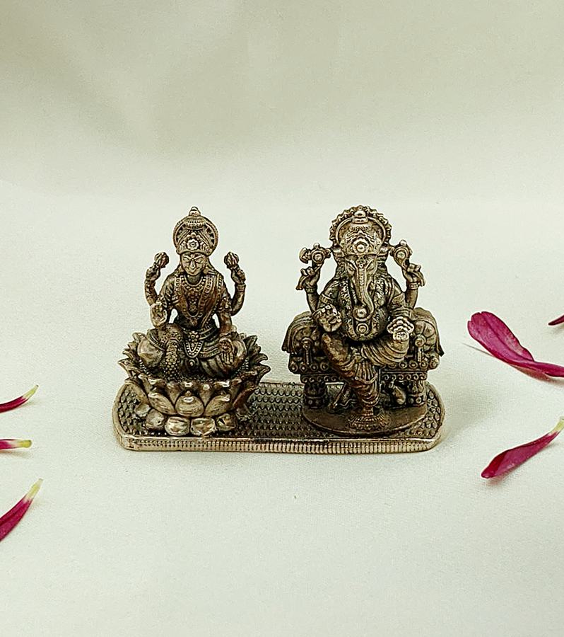Auspicious Handcrafted Lakshmi & Ganesha Silver Idol