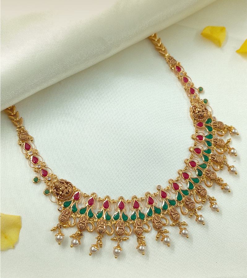 Intricate Gold Necklace with Pearl & Green-Red Stones