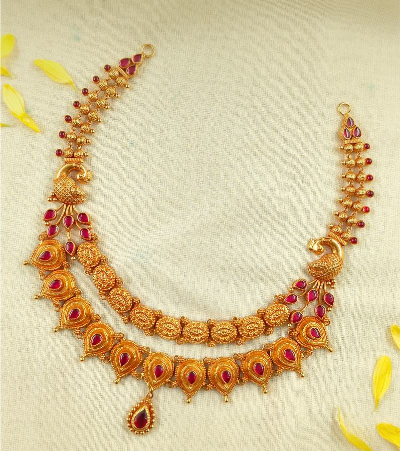Antique Peacock Necklace of Gold and Red Stones
