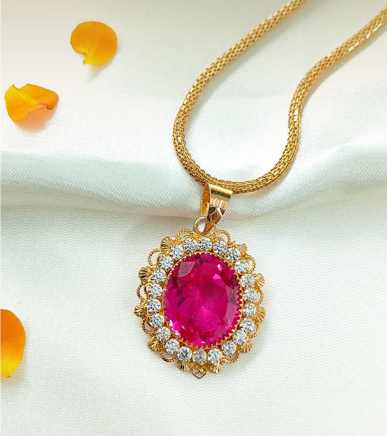 Gorgeous Gold Pendant with Pink Stone & Diamonds