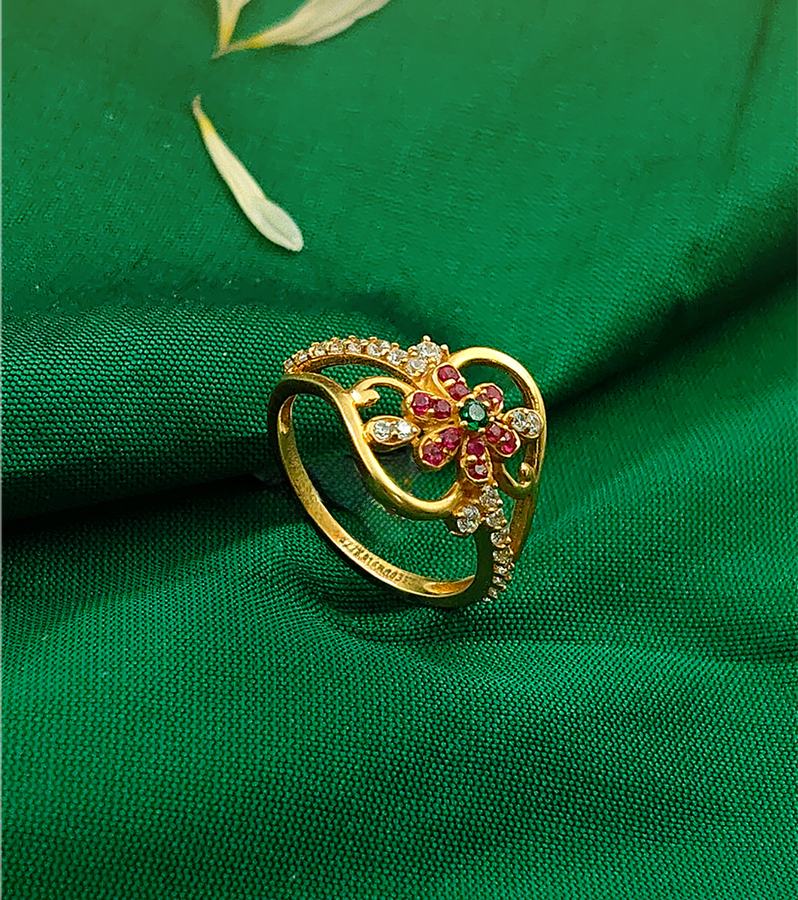 Floral Gold Ring with Diamonds & Green-Red Stones